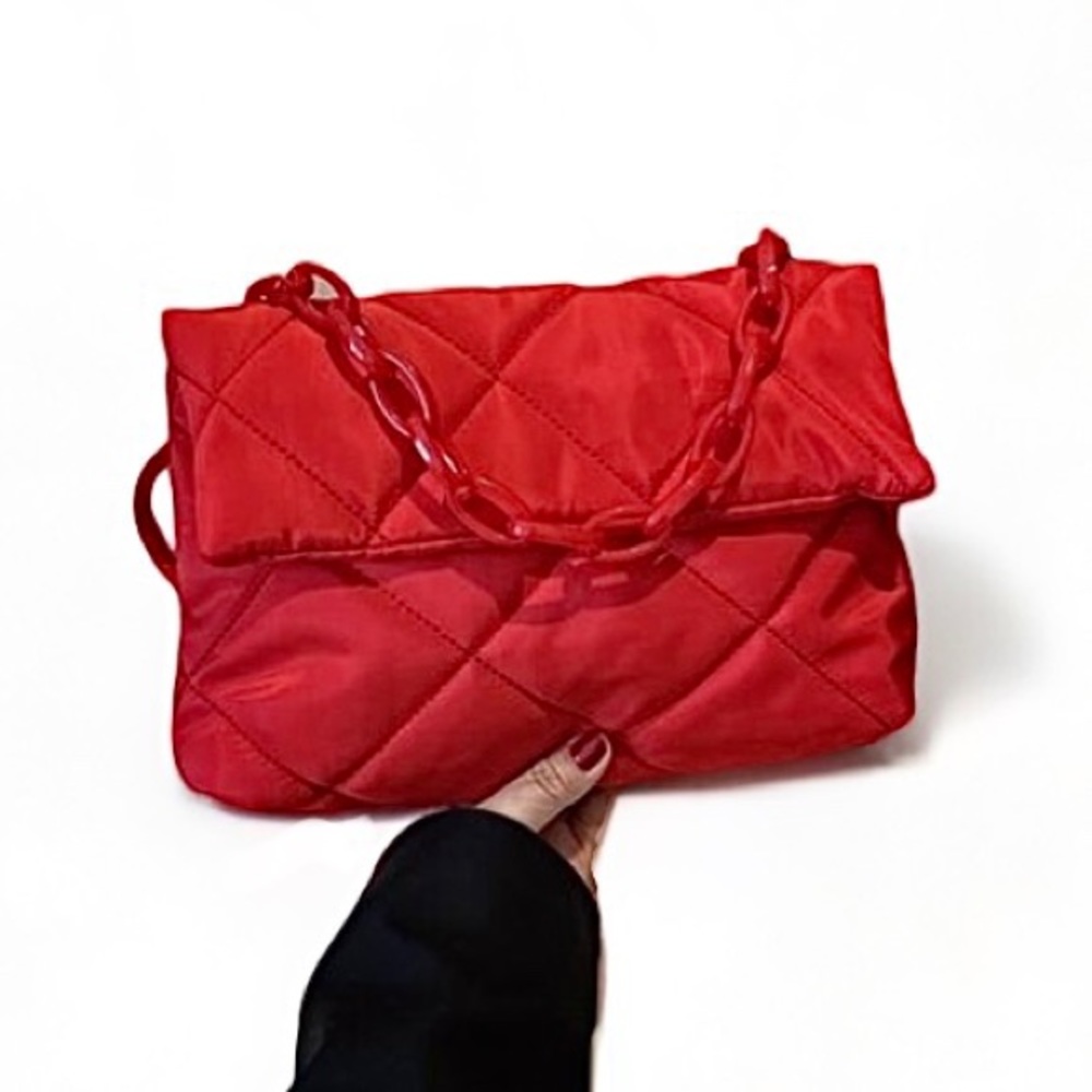 Red Nylon Diamond Stitched Flip Over Clutch / Crossbody Bag